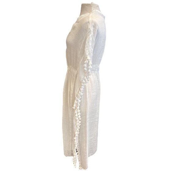 White Tassel Trim Beach Cover-Up Dress With V-Neck & Waist Tie - Picture 4 of 7